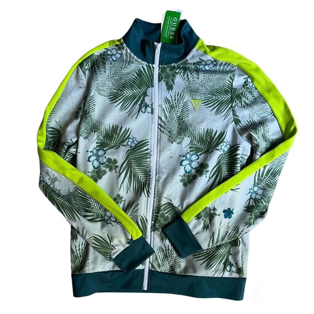NWT Guess Mens Full Zip Mock Neck Athletic Jacket in Hibiscus Oasis Size: Small